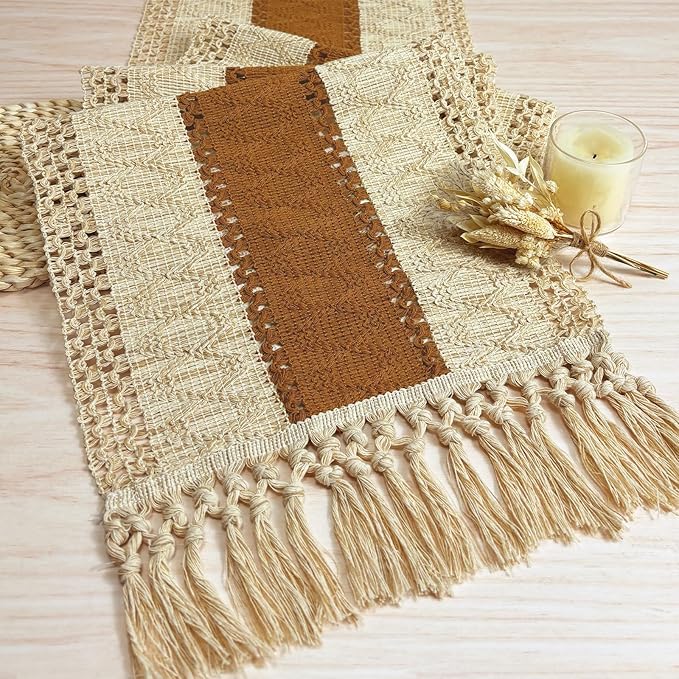 Boho Macrame-bordlöpare – Rustik säckvävsberlock med tofsar