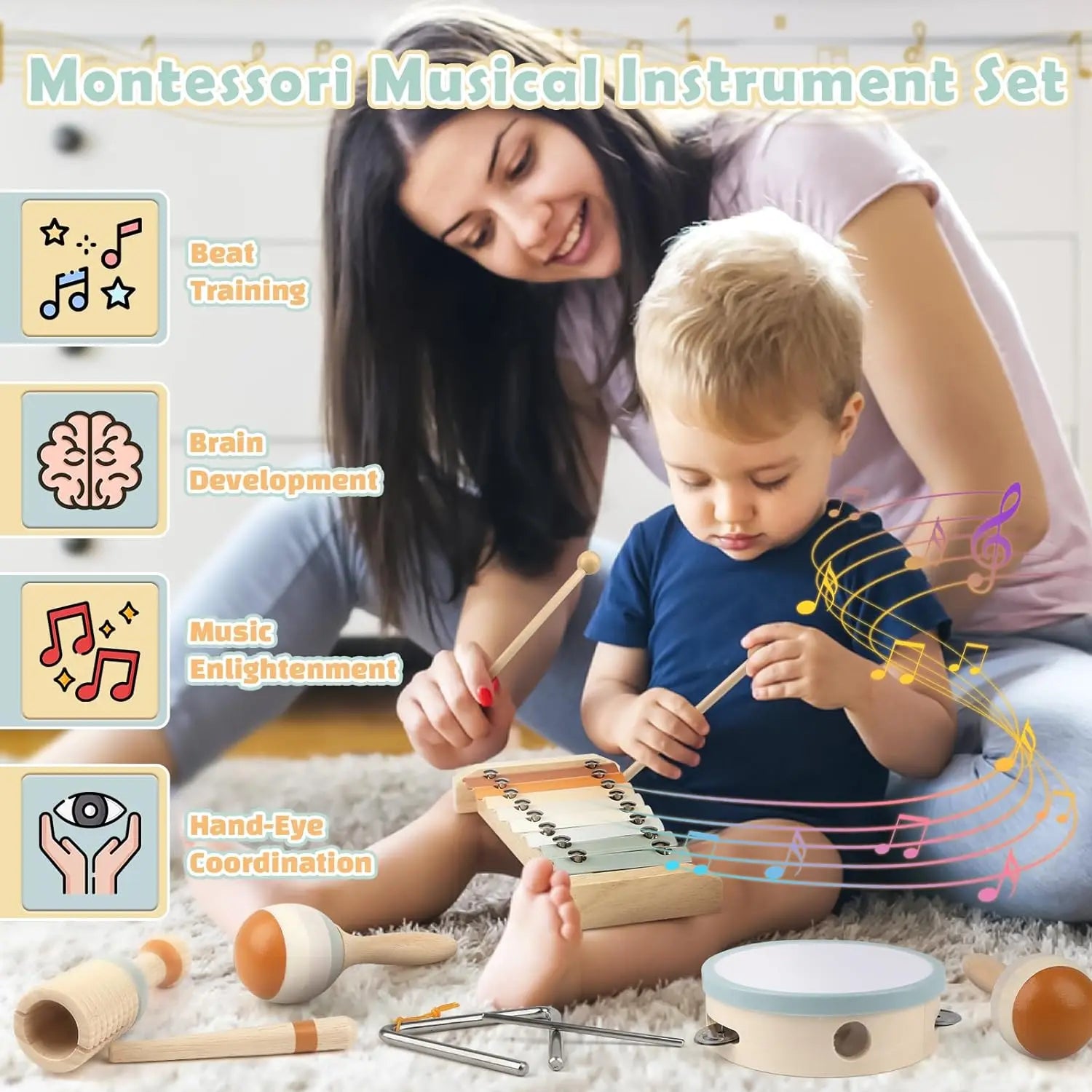 Trämusikset för barn - Stämd xylofon, maracas och instrument för tidig inlärning