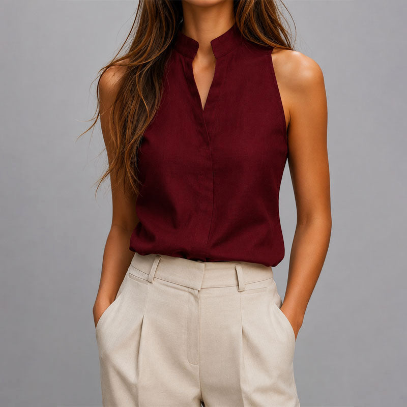 Elara | Ärmlös blus med hög hals – Mandarinkrage för en elegant vardagsstil