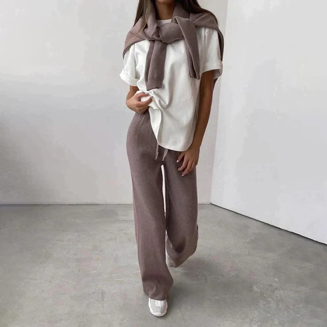 Sylvia | Stickat set med polotröja och vida byxor - Mysiga loungekläder