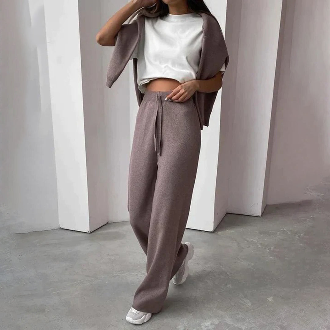 Sylvia | Stickat set med polotröja och vida byxor - Mysiga loungekläder