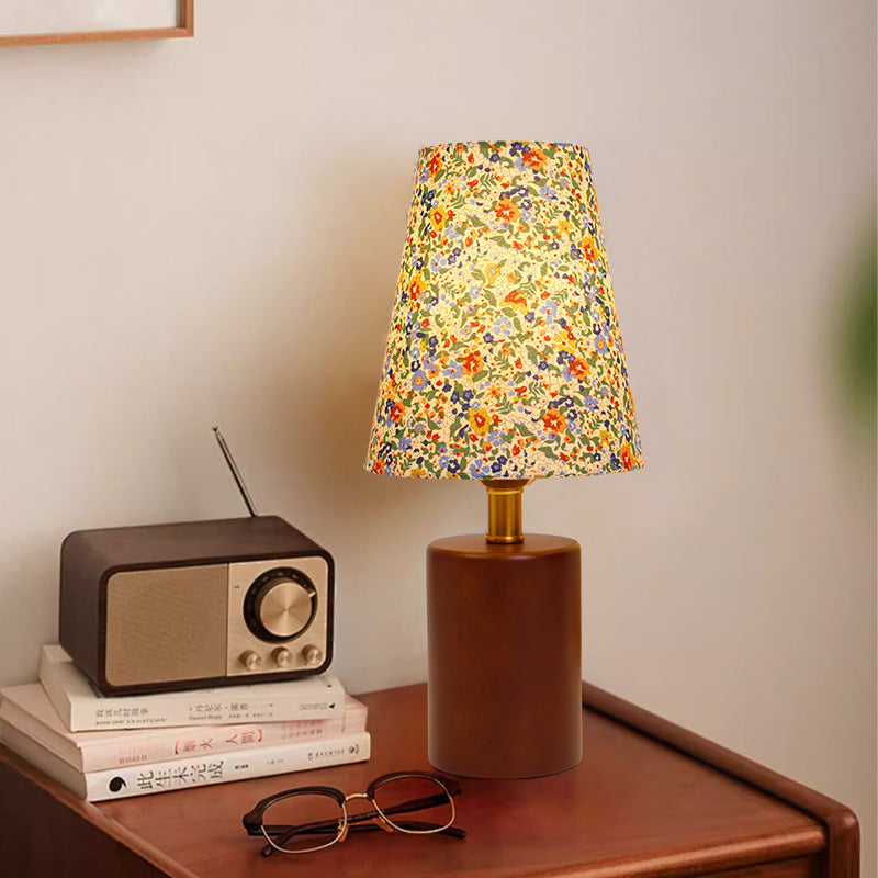 Vintage rund LED-bordslampa – handmålad blommig trä- och tygdesign