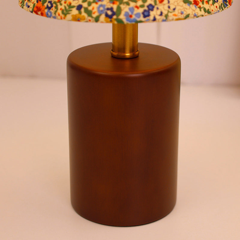 Vintage rund LED-bordslampa – handmålad blommig trä- och tygdesign