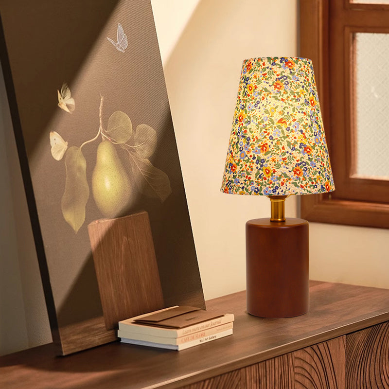 Vintage rund LED-bordslampa – handmålad blommig trä- och tygdesign