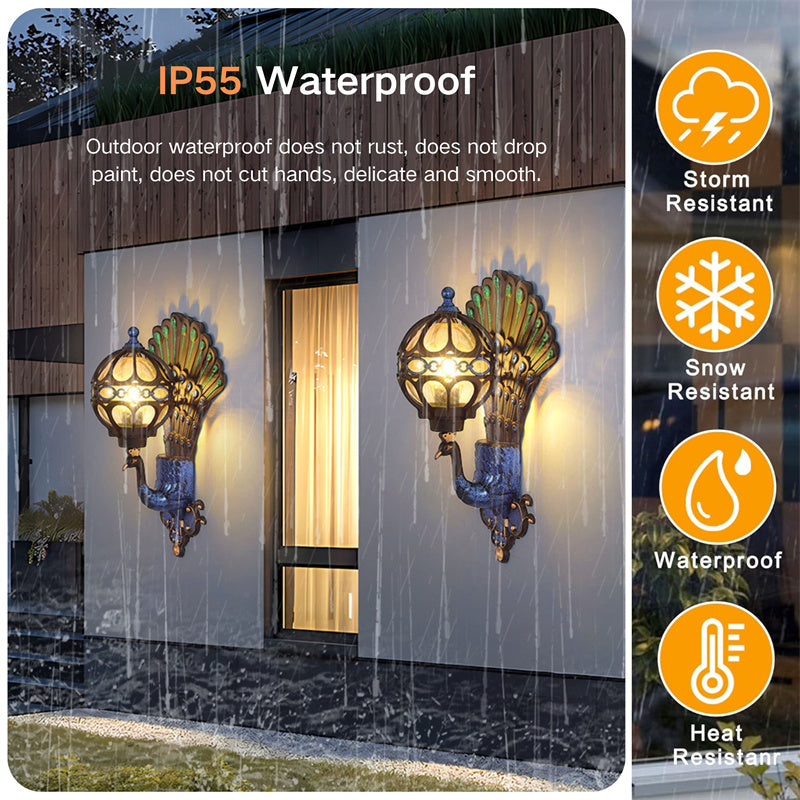 Strålande påfågelinspirerad utomhusvägglampa – Vattentät trädgårds- och uteplatsbelysning