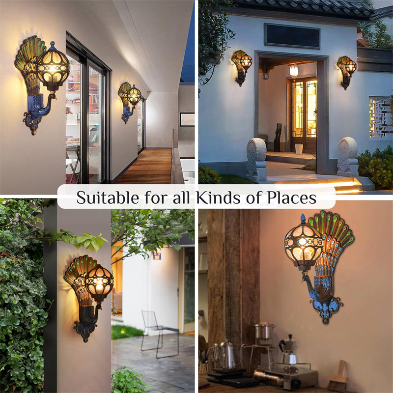 Strålande påfågelinspirerad utomhusvägglampa – Vattentät trädgårds- och uteplatsbelysning