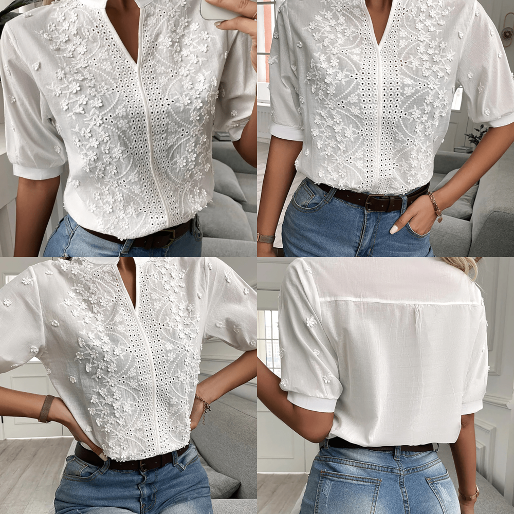 Romantisk blus med v-ringning och spetsdetaljer för kvinnor – Elegant topp med öppna detaljer och feminin chic stil