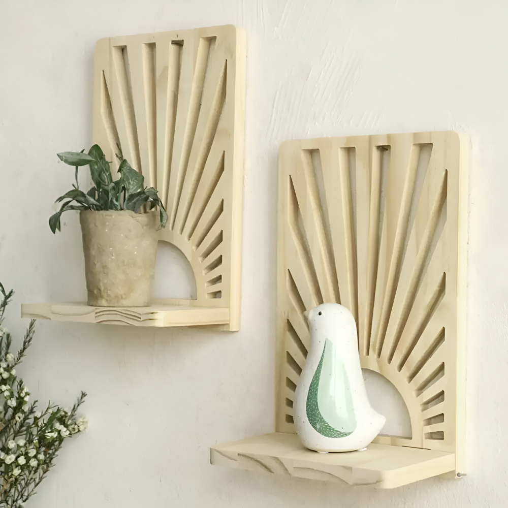 Sunburst trävägghylla – Dekorativ växtdisplay och heminredning