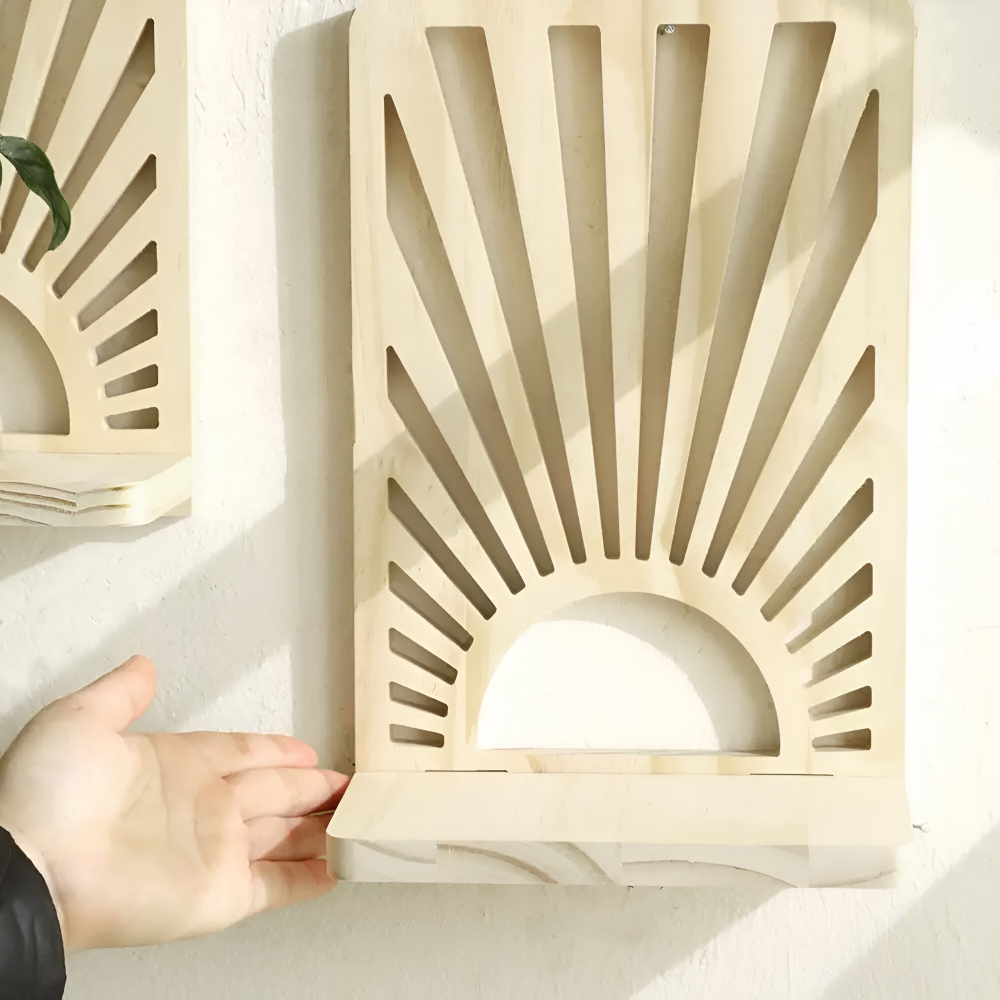 Sunburst trävägghylla – Dekorativ växtdisplay och heminredning