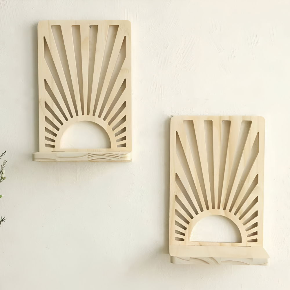 Sunburst trävägghylla – Dekorativ växtdisplay och heminredning