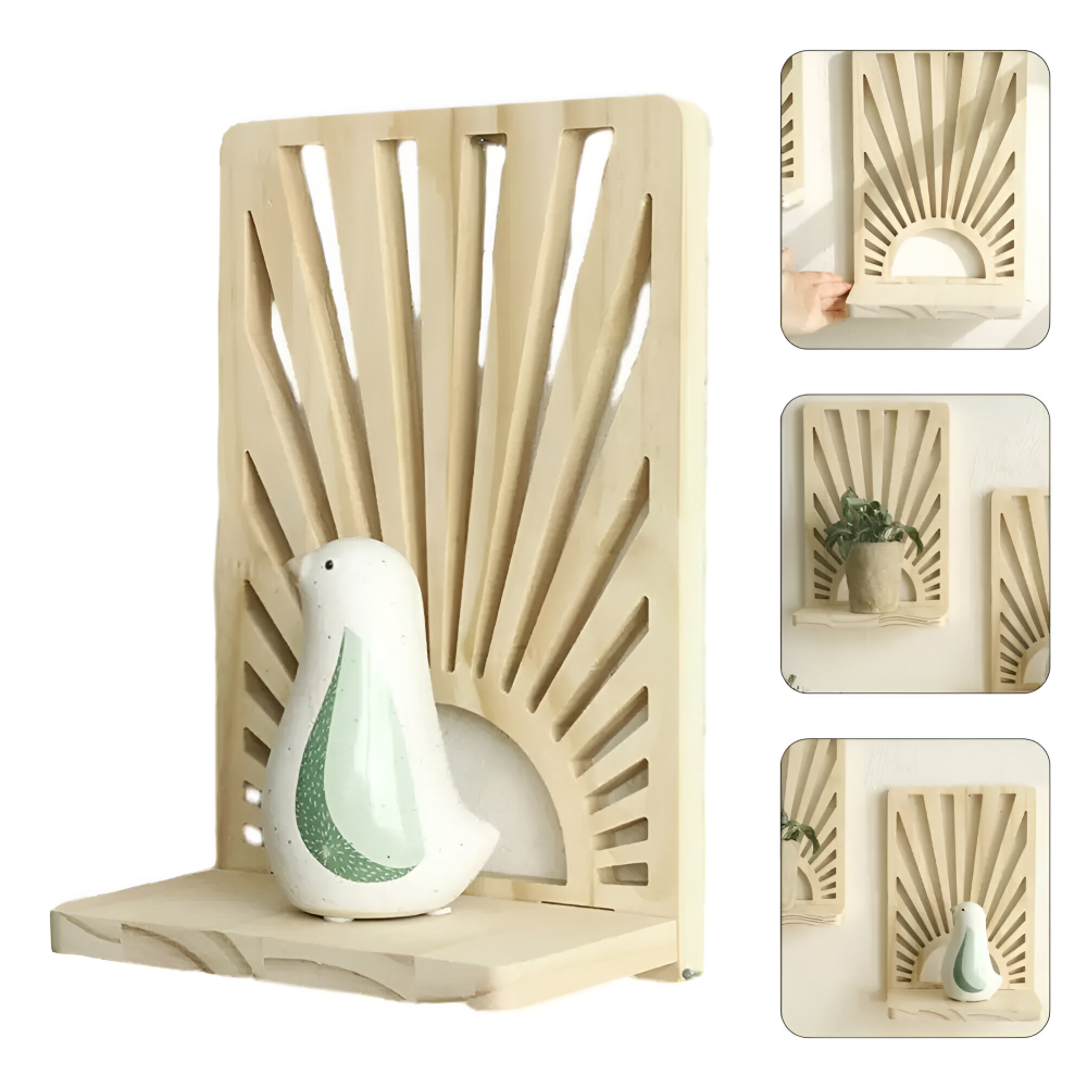 Sunburst trävägghylla – Dekorativ växtdisplay och heminredning