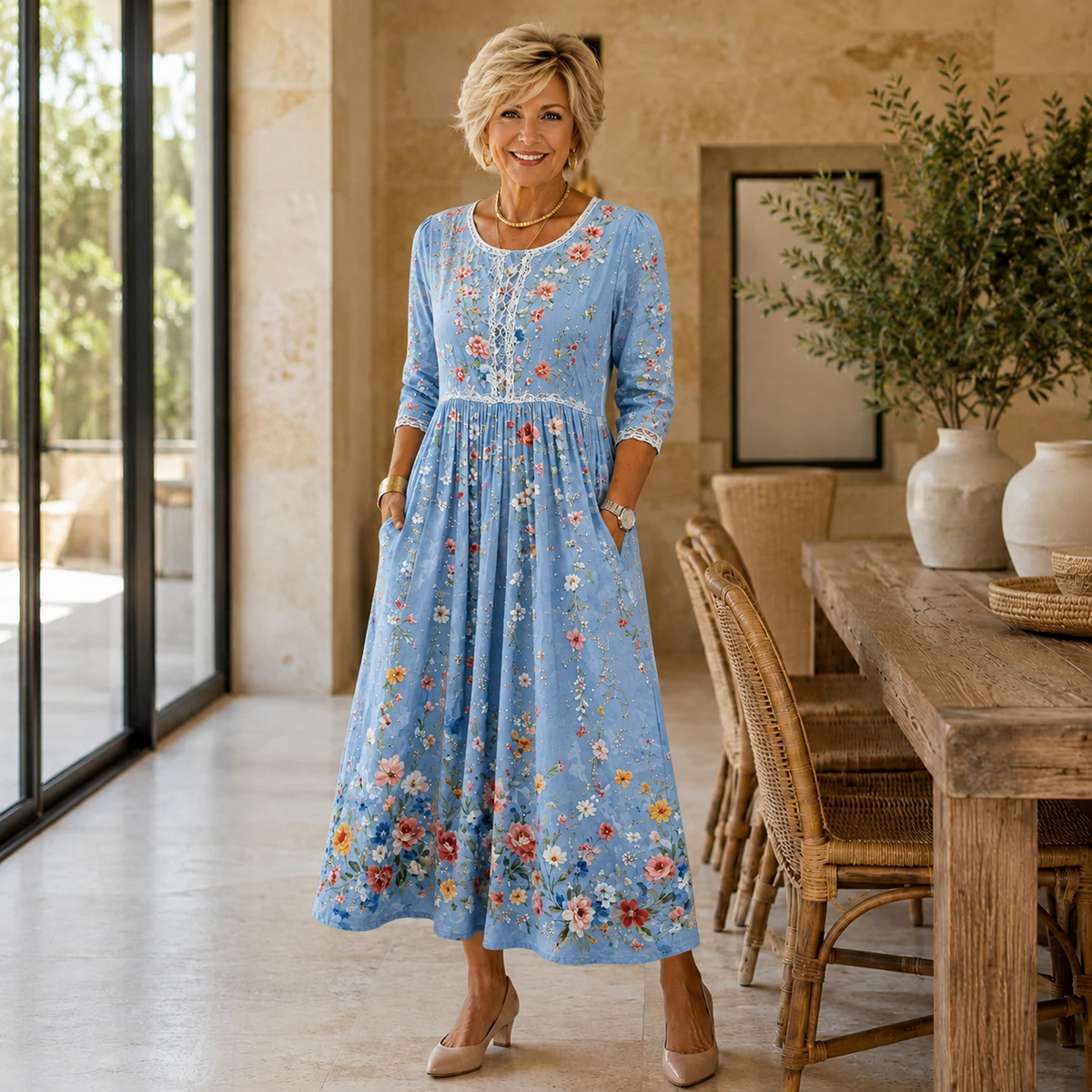 Gwendolen | Boho-chic midiklänning med blommigt mönster, spetsdetaljer, trekvartslånga ärmar och fickor framtill