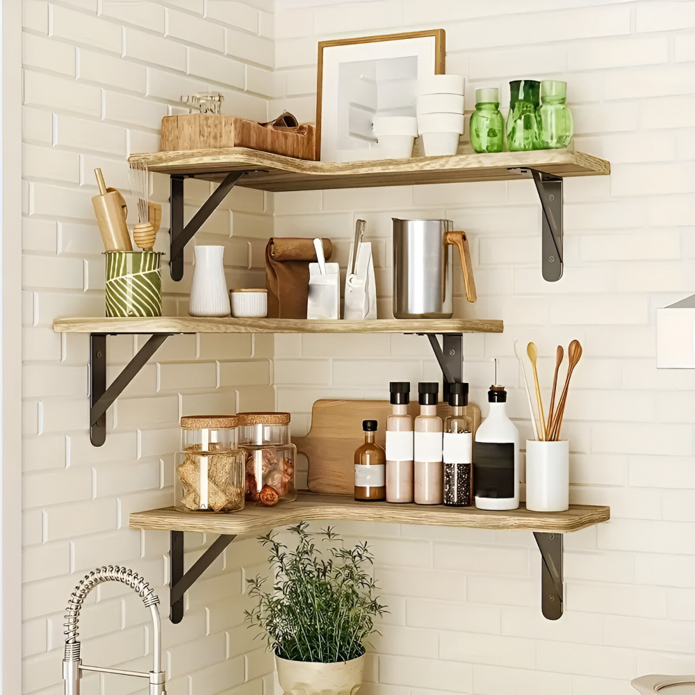 Rustika vägg- och hörnhyllor i trä – förvarings- och displayset med 3 eller 5 våningar