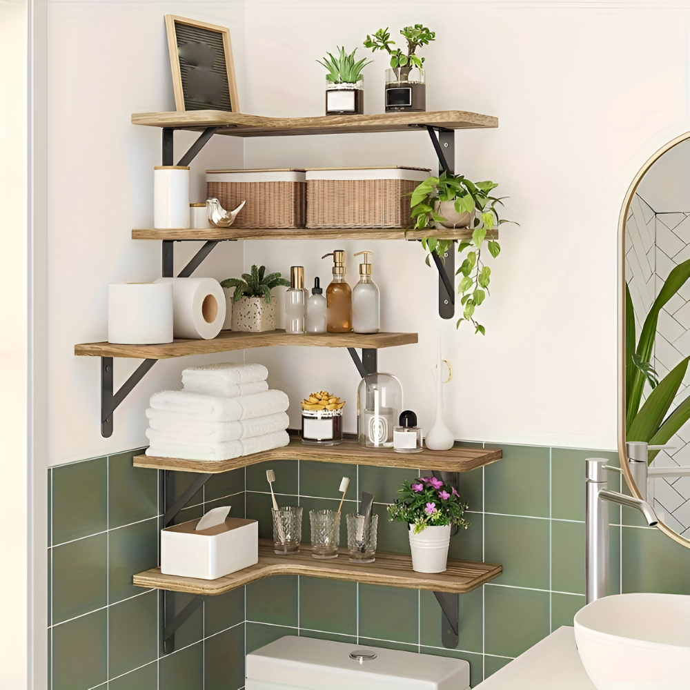 Rustika vägg- och hörnhyllor i trä – förvarings- och displayset med 3 eller 5 våningar