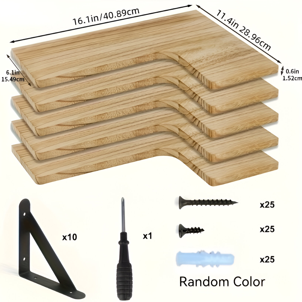 Rustika vägg- och hörnhyllor i trä – förvarings- och displayset med 3 eller 5 våningar