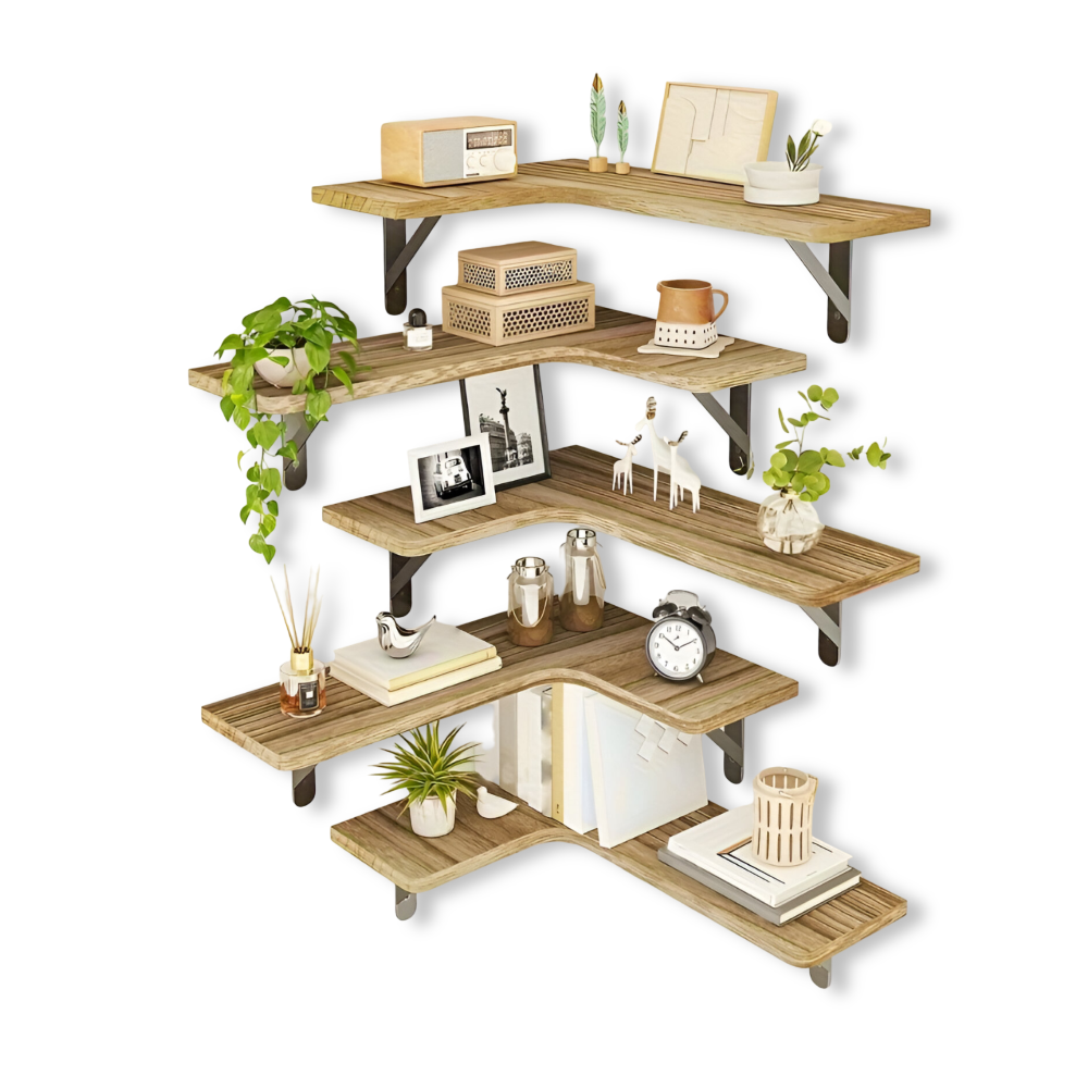 Rustika vägg- och hörnhyllor i trä – förvarings- och displayset med 3 eller 5 våningar