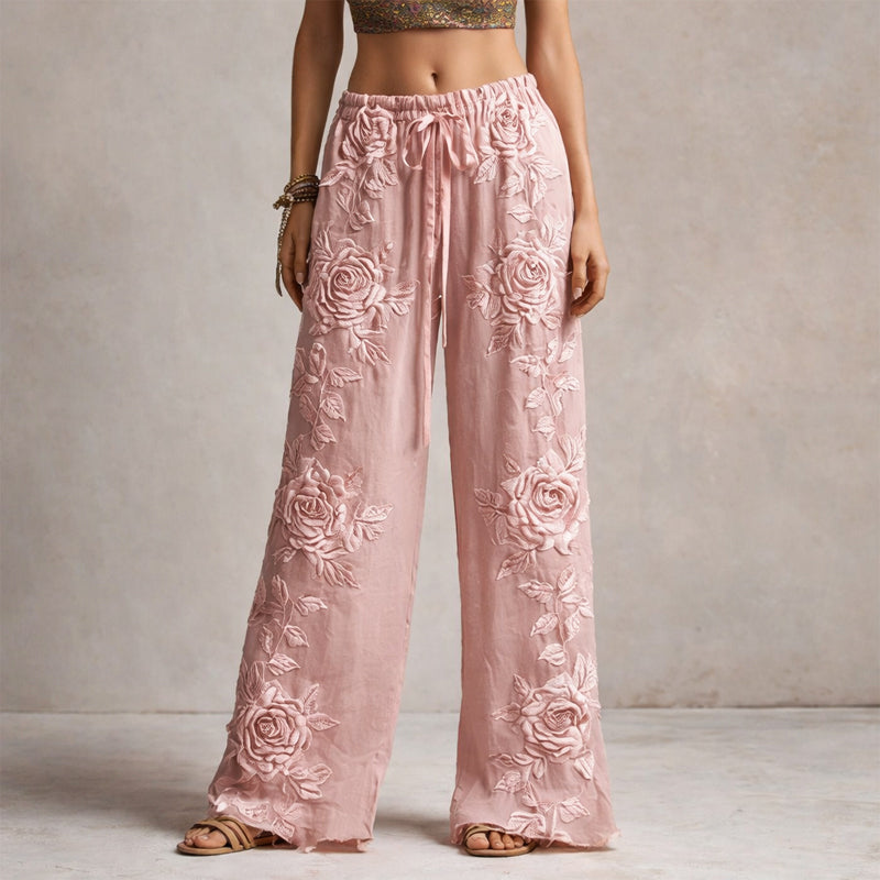 Colette | Blommiga Palazzo-byxor med broderi – Vida byxor med botaniska detaljer