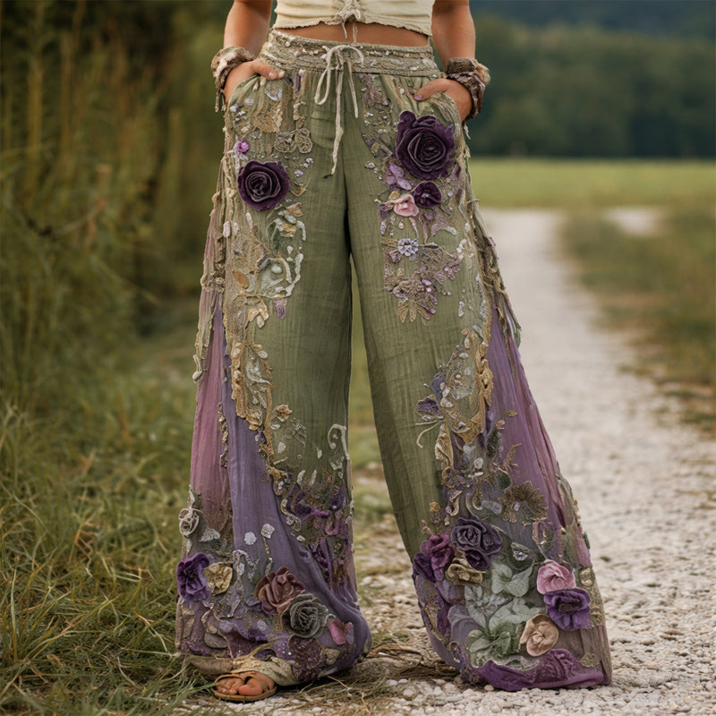 Colette | Blommiga Palazzo-byxor med broderi – Vida byxor med botaniska detaljer