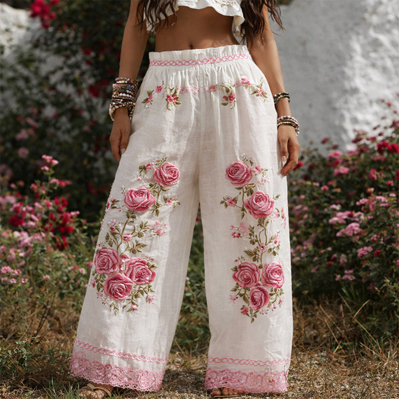 Colette | Blommiga Palazzo-byxor med broderi – Vida byxor med botaniska detaljer