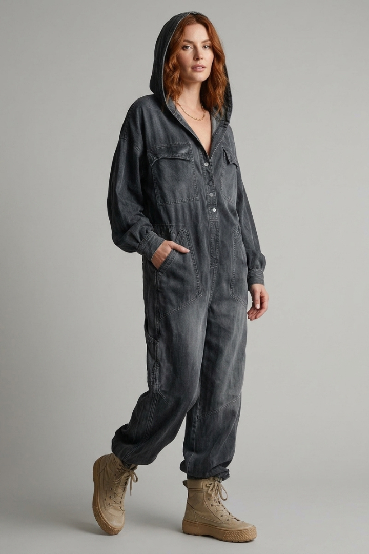 Valesse | Långärmad jumpsuit med fickor - Dragsko i midjan och avsmalnande ben