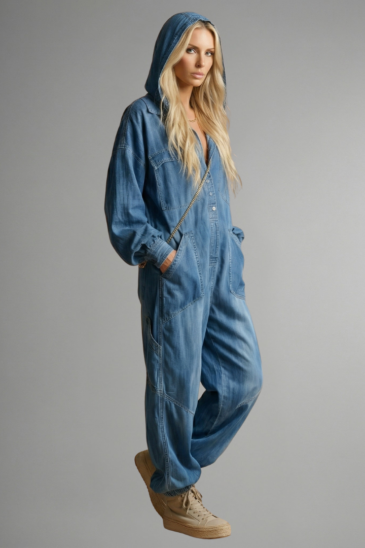 Valesse | Långärmad jumpsuit med fickor - Dragsko i midjan och avsmalnande ben