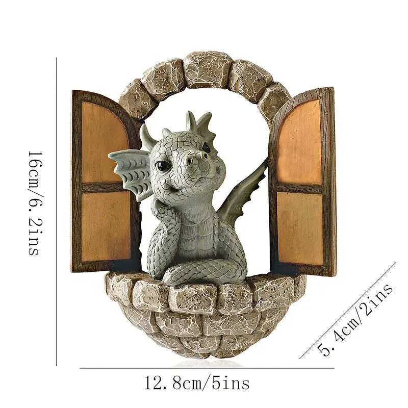 Väderbeständig utomhusdrakestaty — Trädgårdsskulptur i harts med LED-accent och mossklar bas