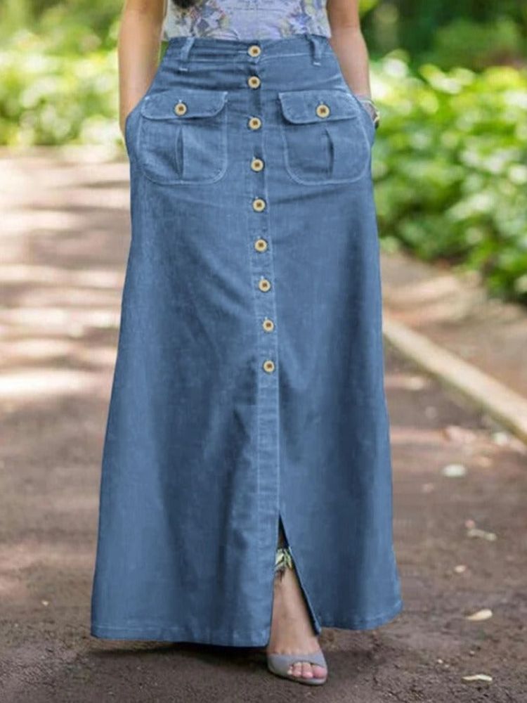 Dam Retro Wash Denim Maxikjol – Högmidjad vintagejeanskjol med enkel street-look