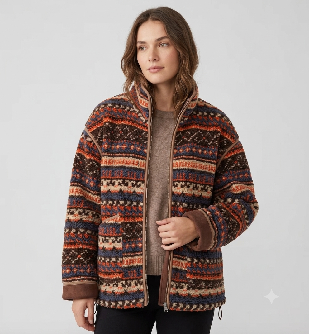 Solveig | Fleecejacka med ståkrage, Fair Isle-mönster och dragkedja – ledigt ytterplagg med snygg finish