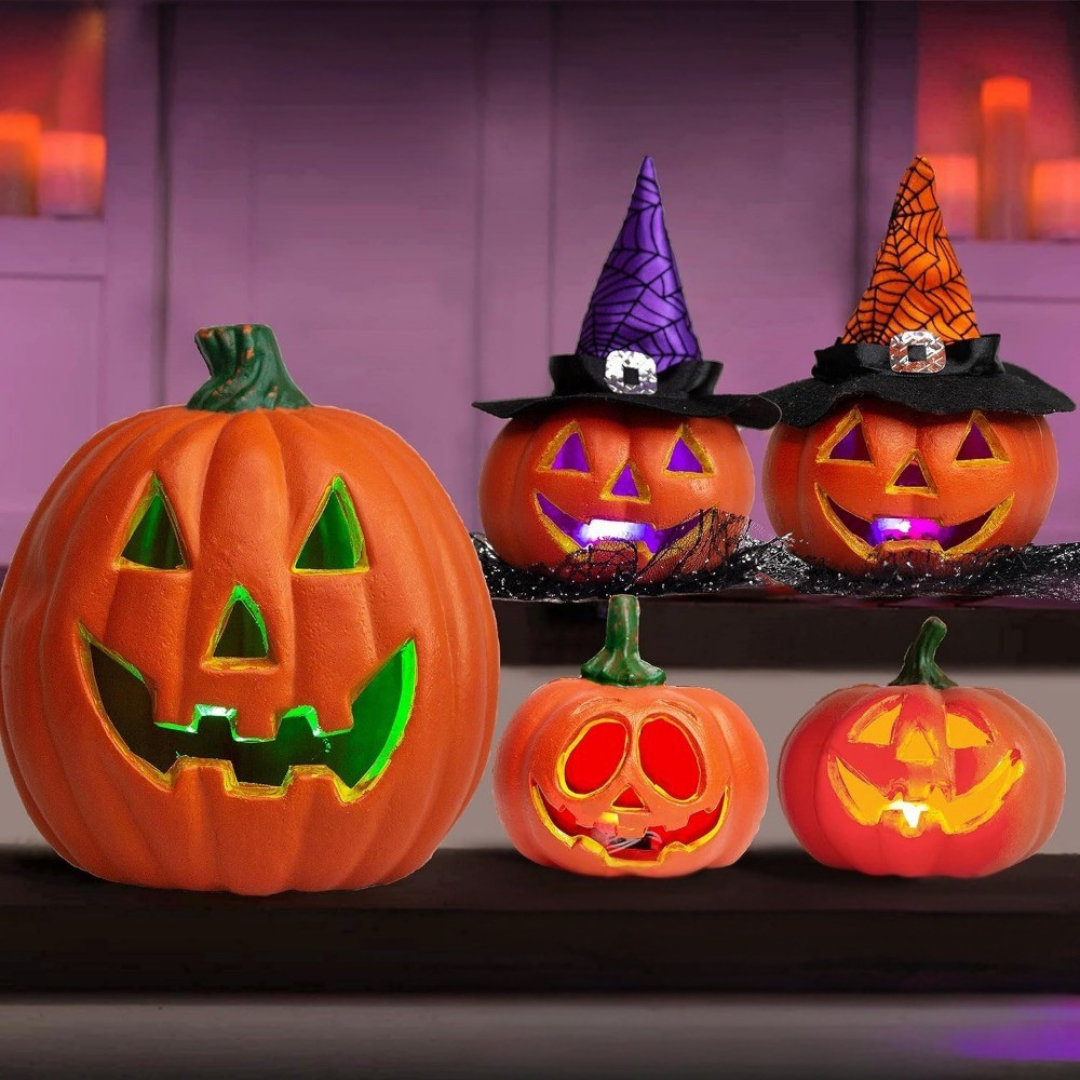 Ljusande pumpalykta set – Glödande batteridrivna Halloweendekorationer