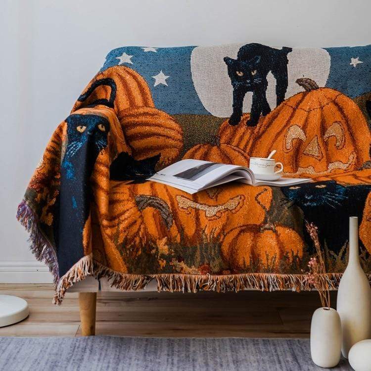 Festlig svart kattfilt – Halloween-tema plyschfilt för soffa eller sovrum