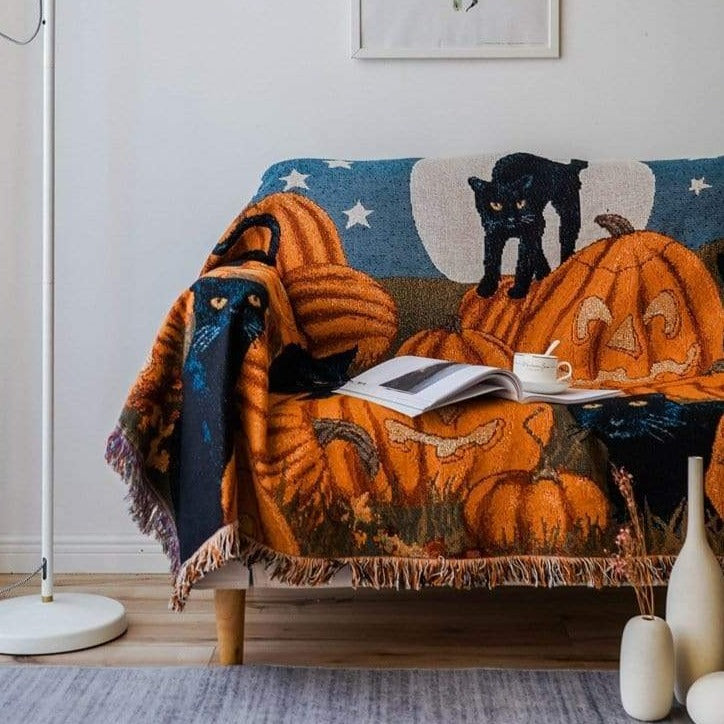 Festlig svart kattfilt – Halloween-tema plyschfilt för soffa eller sovrum