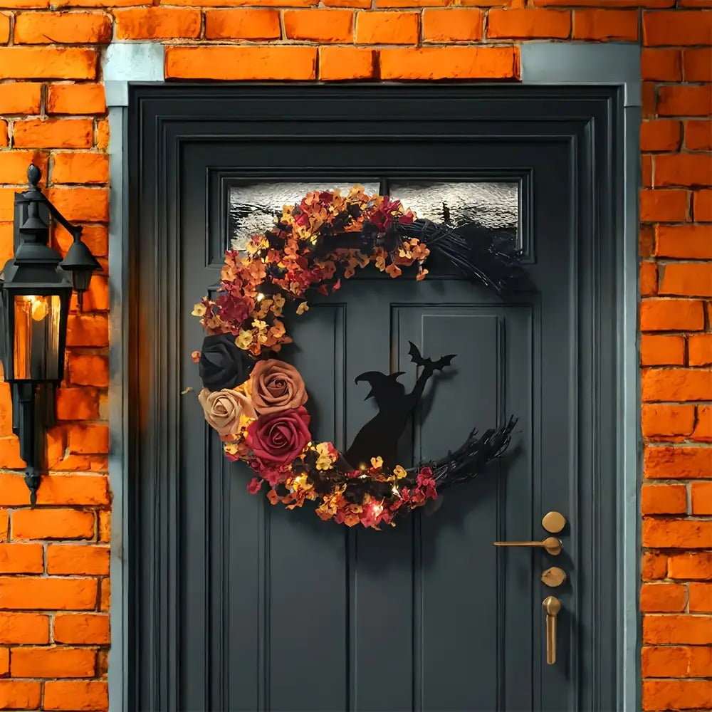 Mystic Moon Witch Wreath – Förtrollad blommig Halloween-dörrhänge