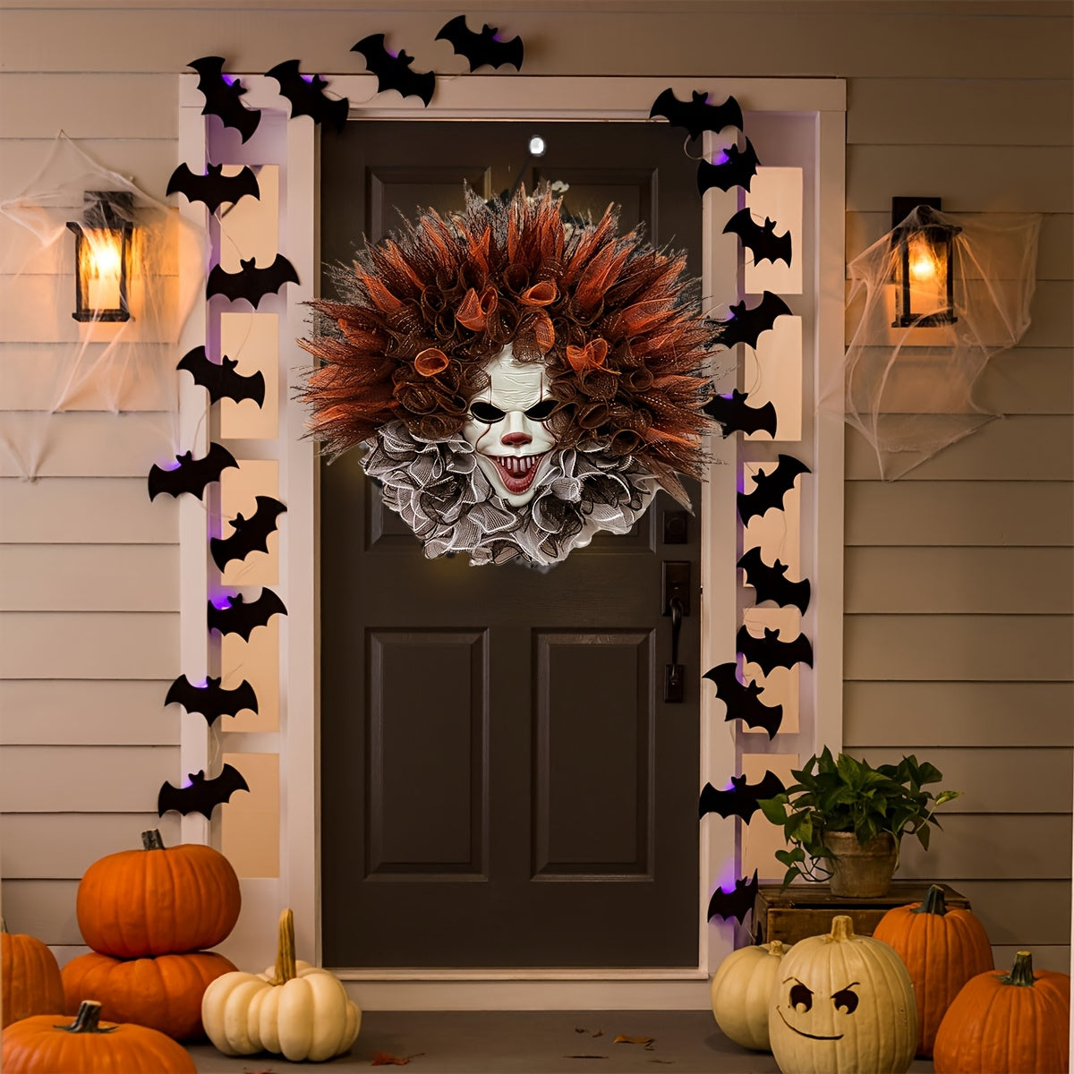 Kuslig clownansiktekrans – Skrämmande Halloween-dörrhängande dekoration