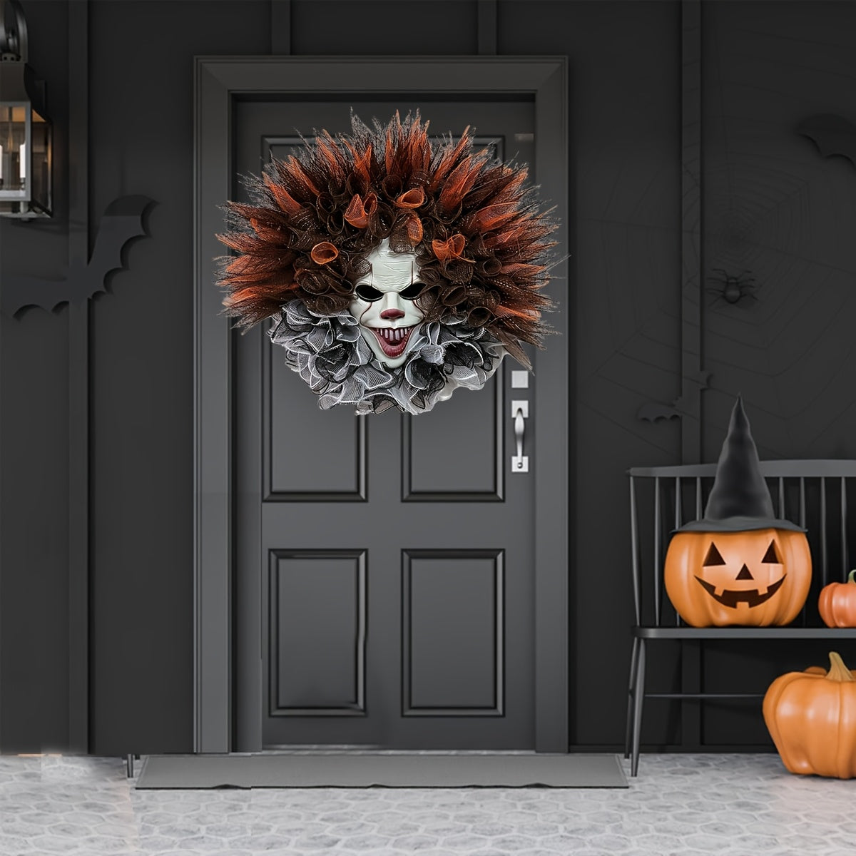 Kuslig clownansiktekrans – Skrämmande Halloween-dörrhängande dekoration