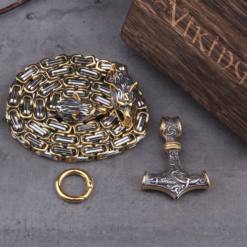 Rostfritt stål dubbelt varghuvud & Mjolnir Survival Spirit Halsband/armband
