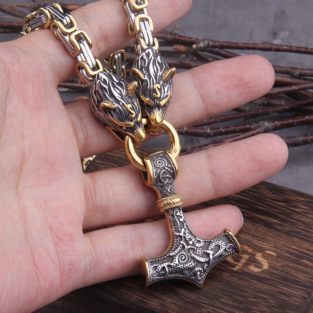 Rostfritt stål dubbelt varghuvud & Mjolnir Survival Spirit Halsband/armband