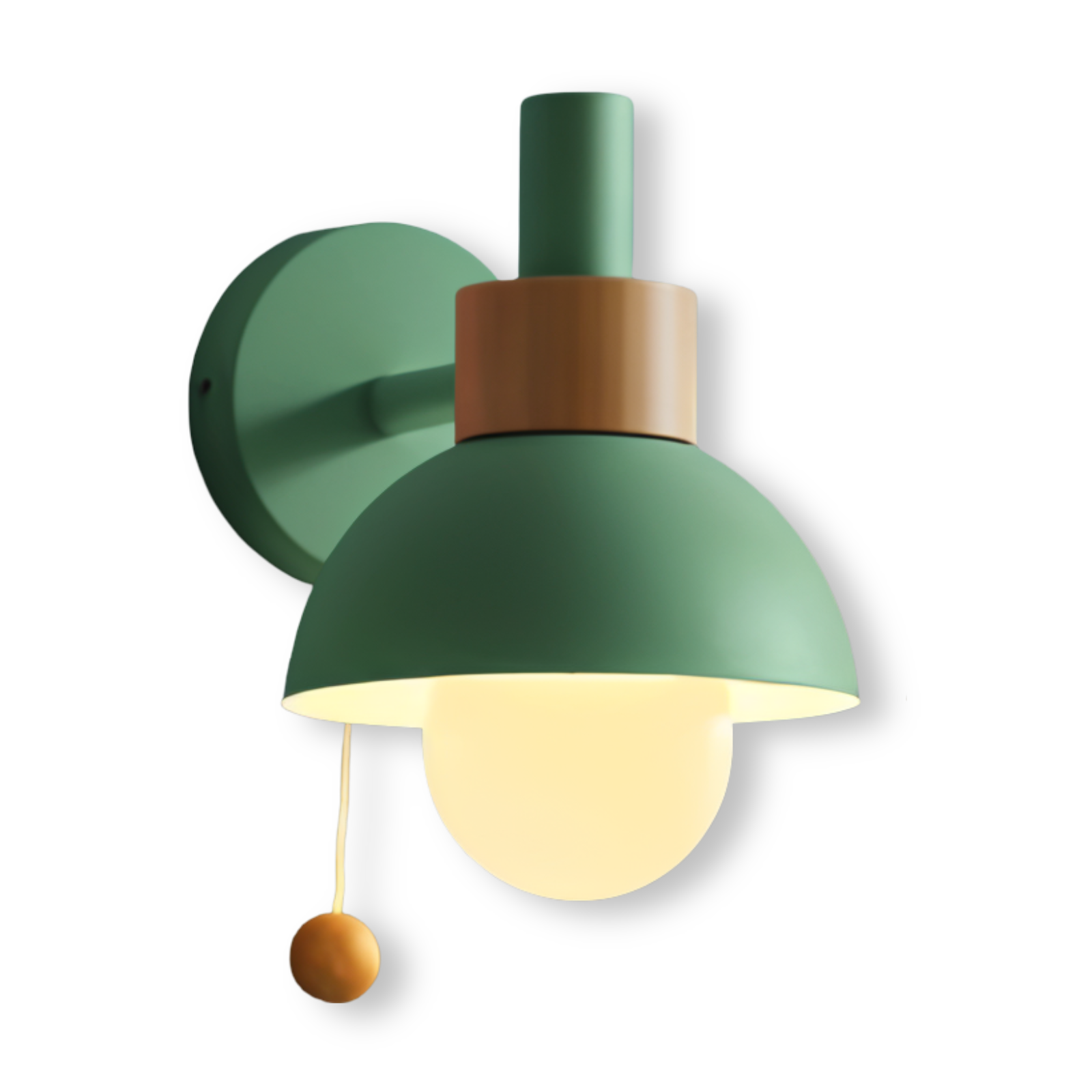 Vintage-inspirerad vägglampa i trä och metall – LED-lampa med dragströmbrytare