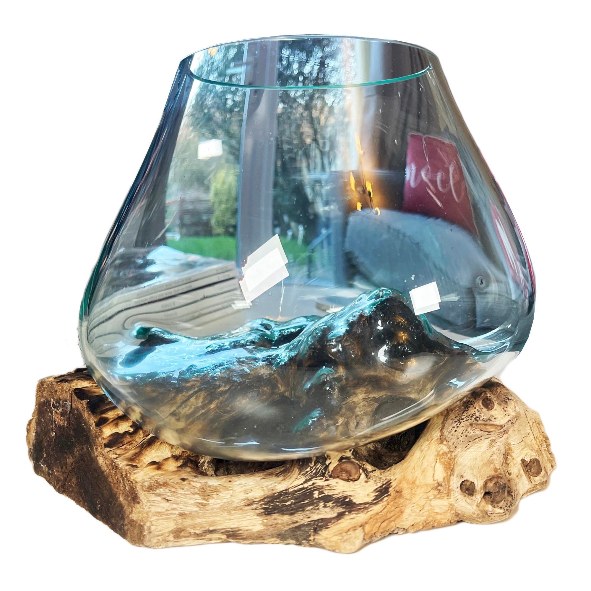RootBowl - Rotbas i hantverksmässig teak med elegant iögonfallande skål i smält glas