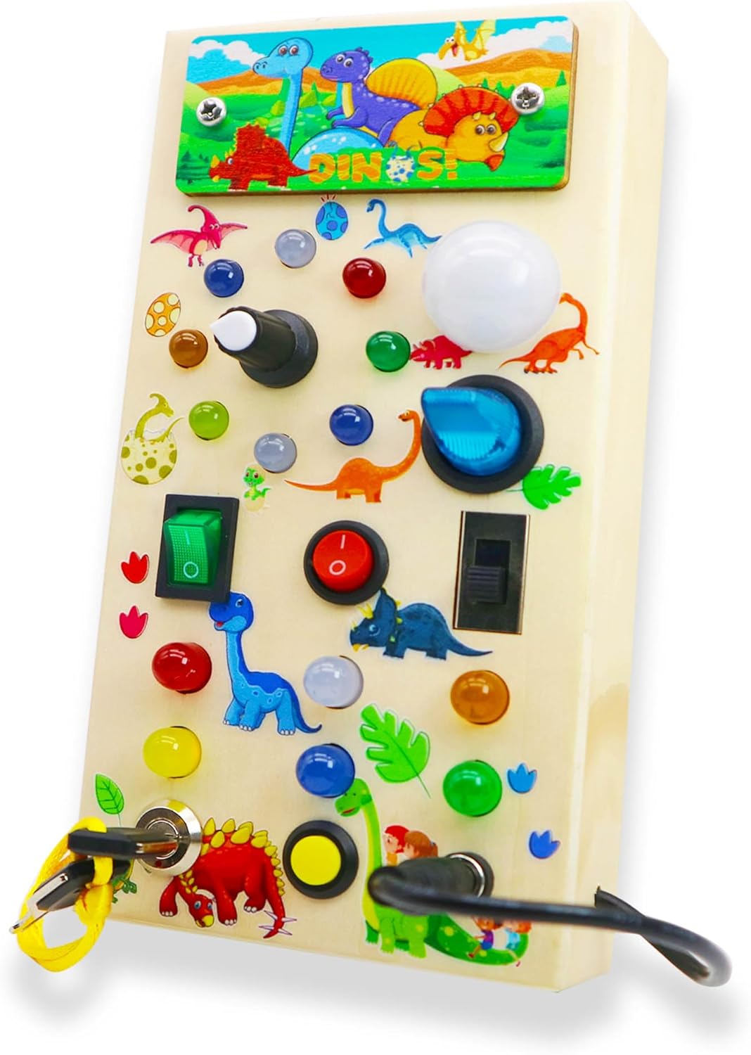 Träleksak med LED-lampor – Interaktiv pedagogisk leksak för småbarn med strömbrytare och aktiviteter