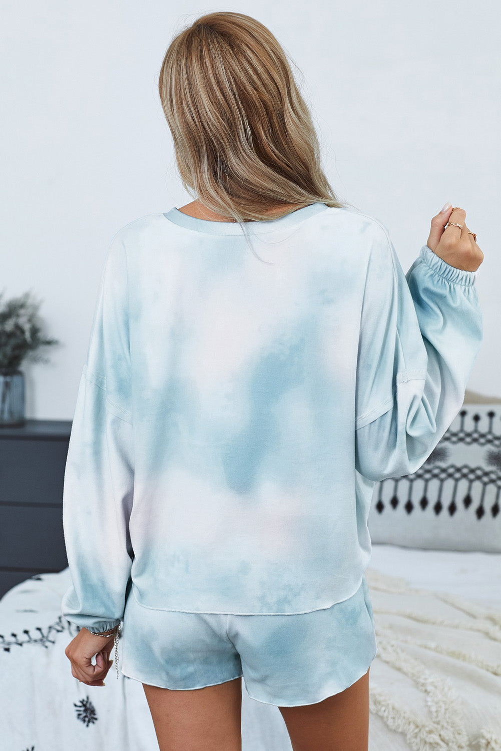 Blått tie-dye matchande tröjset för kvinnor