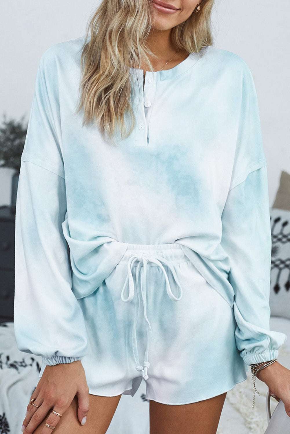 Blått tie-dye matchande tröjset för kvinnor