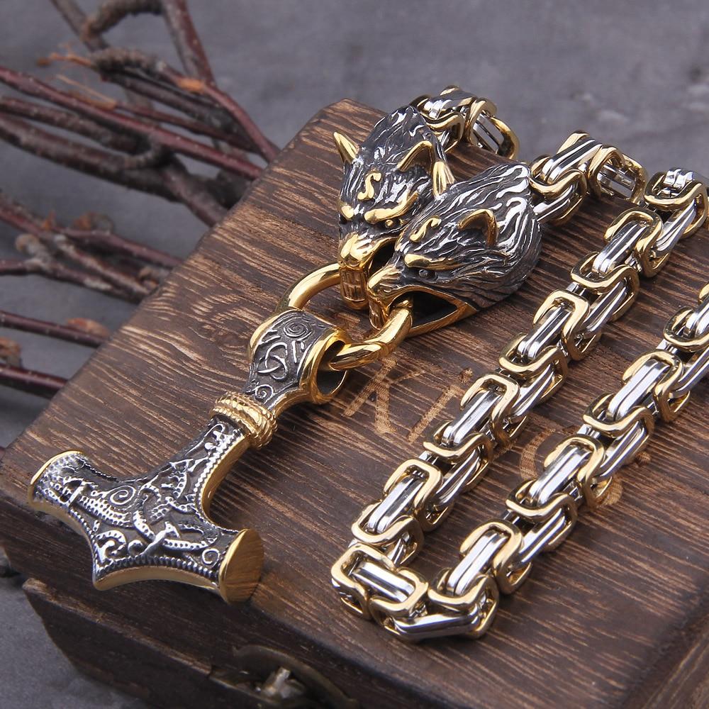 Rostfritt stål dubbelt varghuvud & Mjolnir Survival Spirit Halsband/armband