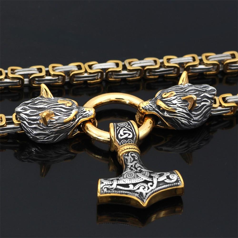 Rostfritt stål dubbelt varghuvud & Mjolnir Survival Spirit Halsband/armband