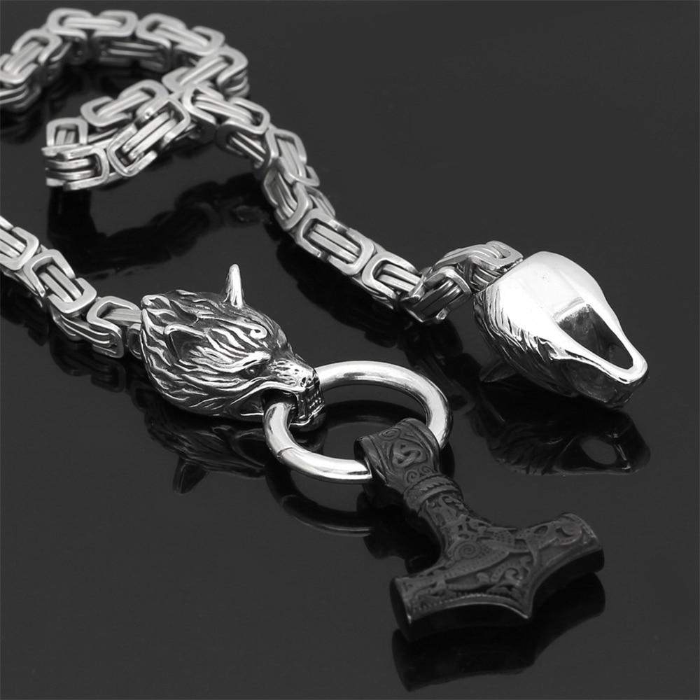 Rostfritt stål dubbelt varghuvud & Mjolnir Survival Spirit Halsband/armband