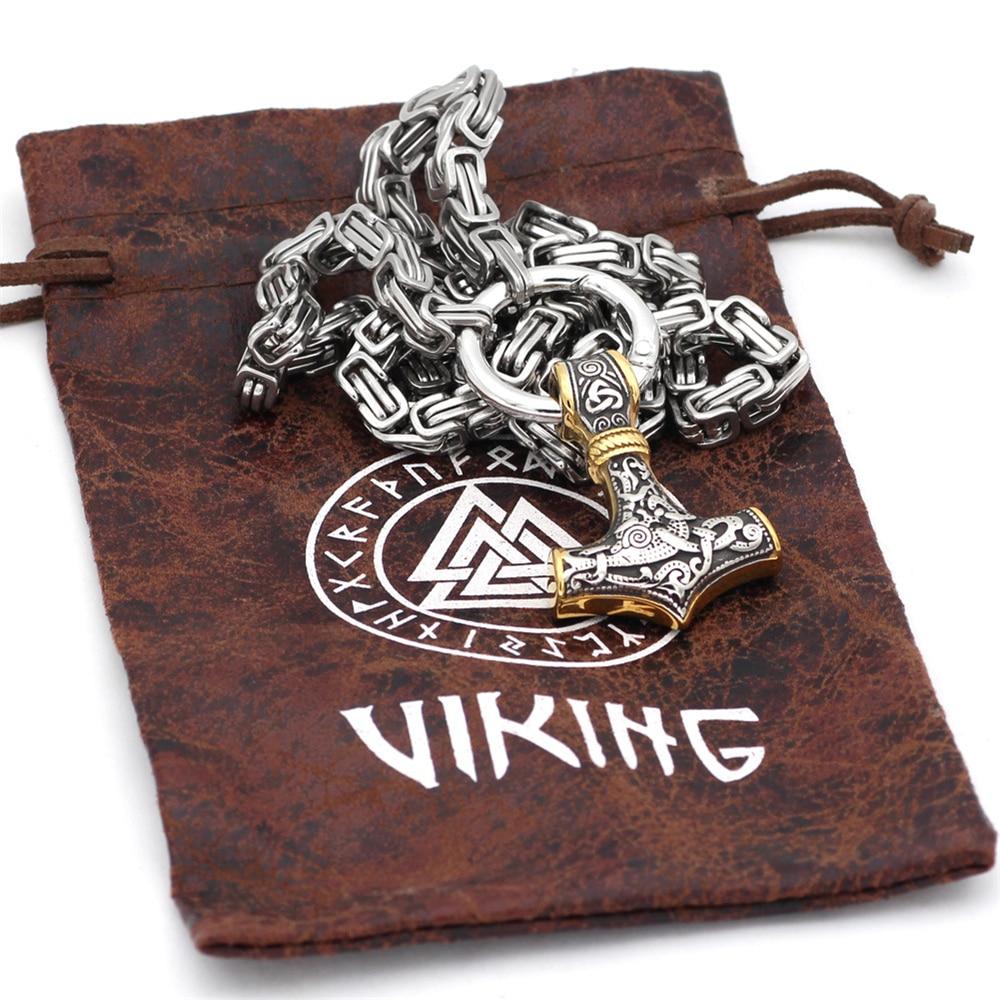 Rostfritt stål dubbelt varghuvud & Mjolnir Survival Spirit Halsband/armband