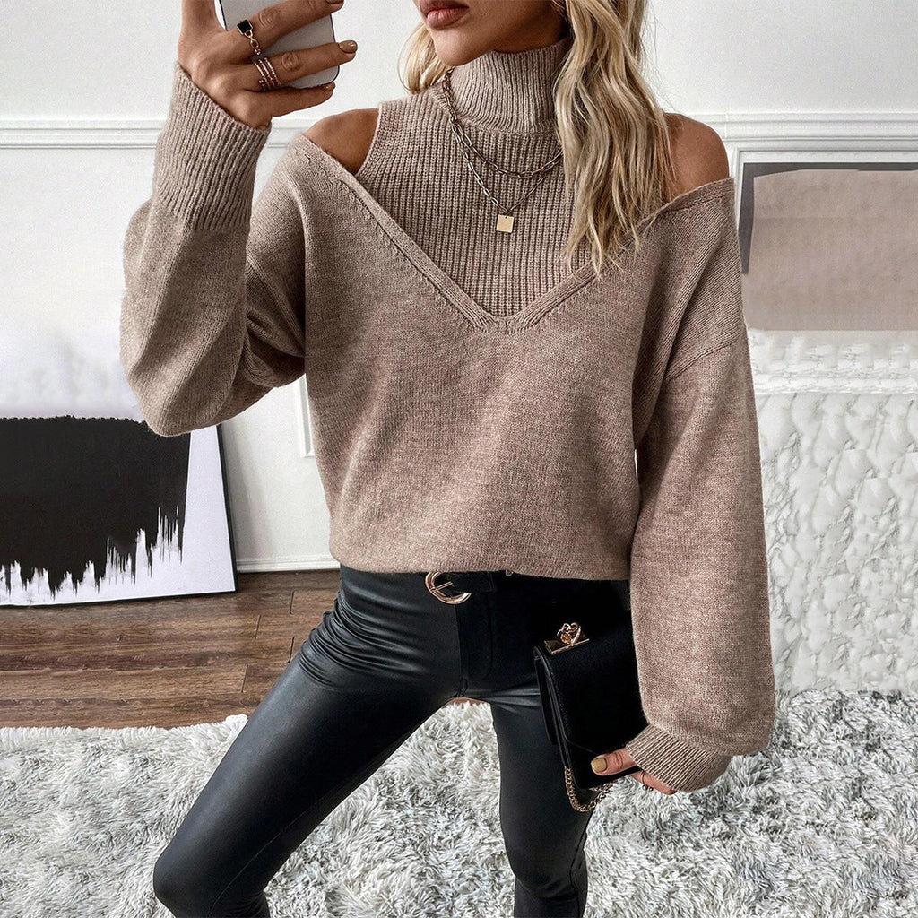 Filippa | Stickad tröja i lager-på-lager-look med ståkrage och öppna axlar – långärmad, avslappnat elegant tröja