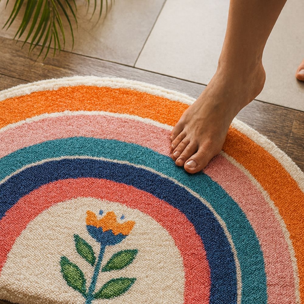 Färgglad halvmåneformad badrumsmatta – Mjuk absorberande matta med regnbågsljusdesign