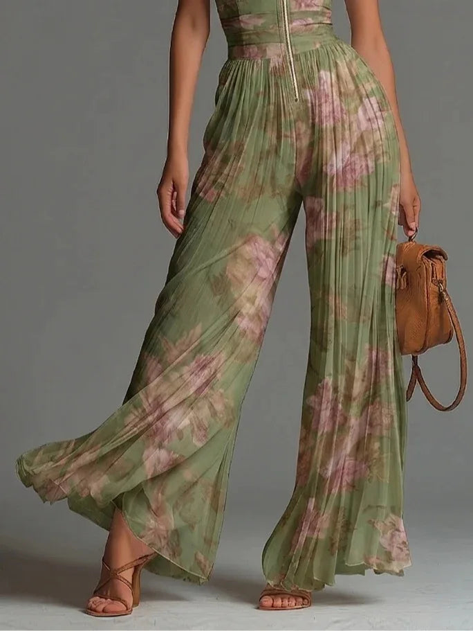 Isavelle | Flora Blommig Plunge Jumpsuit — V-ringad Dragkedja Framtill Halterneck Design
