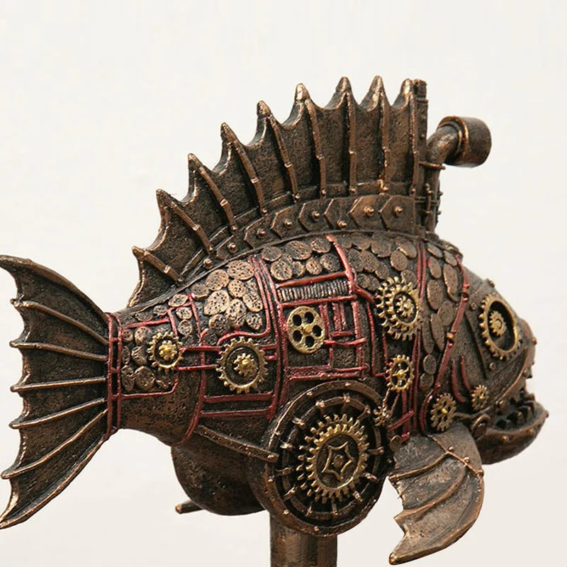 Steampunk Gearfish Sculpture – Invecklad metallkonst med industriell charm