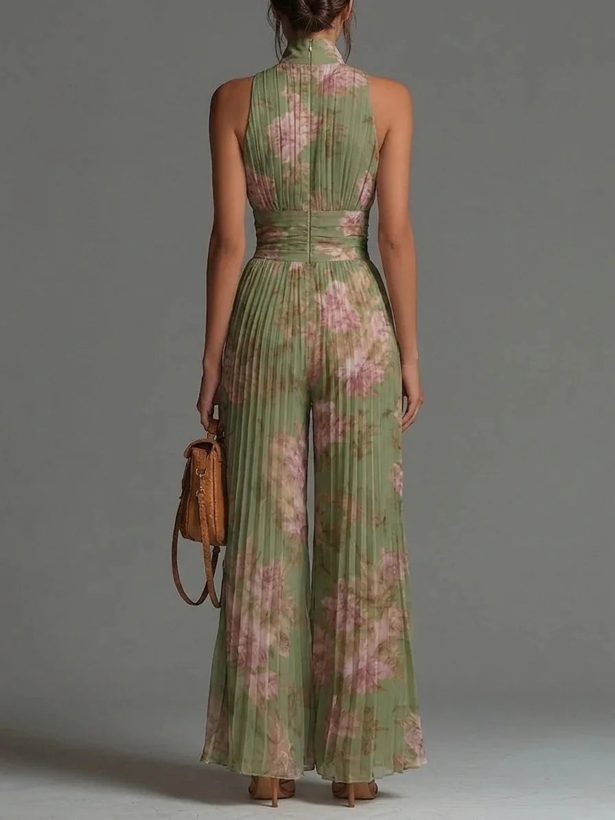 Isavelle | Flora Blommig Plunge Jumpsuit — V-ringad Dragkedja Framtill Halterneck Design